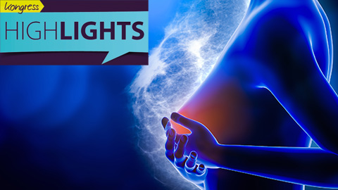 graphische Darstellung einer Brust, die rot leuchtet und von der Frau mit den Händen umfasst wird