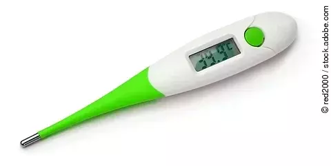 Green Thermometer displaying 39,9° grades C (Celsius).