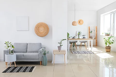 Interior of modern stylish dining room in studio apartment