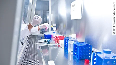 Medizinische Analyse von biologischen Proben im Labor in einer Sicherheitswerkbank unter sterilen Bedingungen