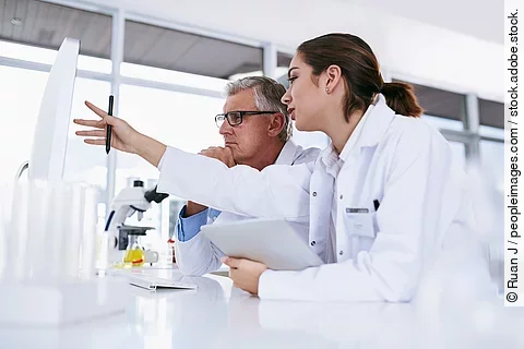 Scientist, tablet and teamwork in science experiment, results or Scientist, tablet and teamwork in science experiment, results or