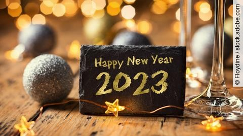 Happy New Year 2023 - Greeting Card - Black slate board with gol