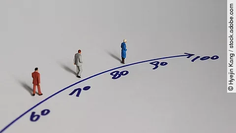 Konzept des Alterns, dargestellt mit einem Zeitstrahl und 3 Miniaturmännchen