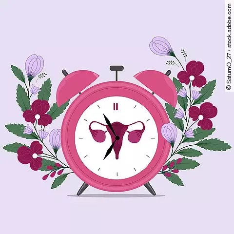Menopause alarm with flowers. Hand drawn clock. Vector illustration