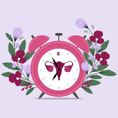 Menopause alarm with flowers. Hand drawn clock. Vector illustration