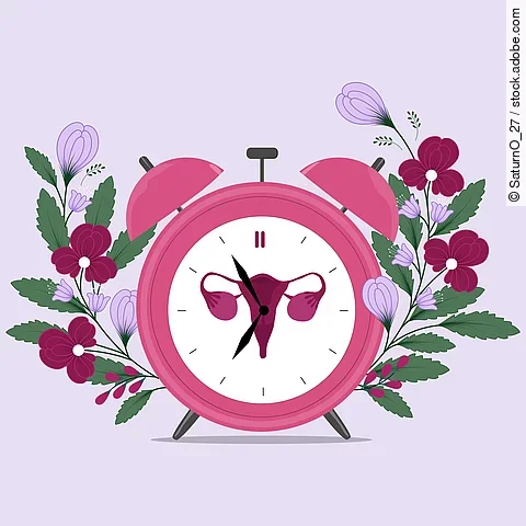Menopause alarm with flowers. Hand drawn clock. Vector illustration